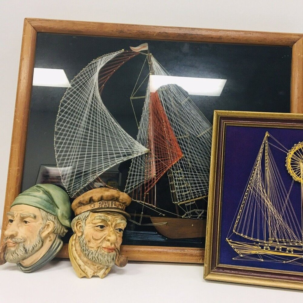 Vintage Nautical Decor Lot Sailboat String Art Shadowbox Lefton Head Plaques
